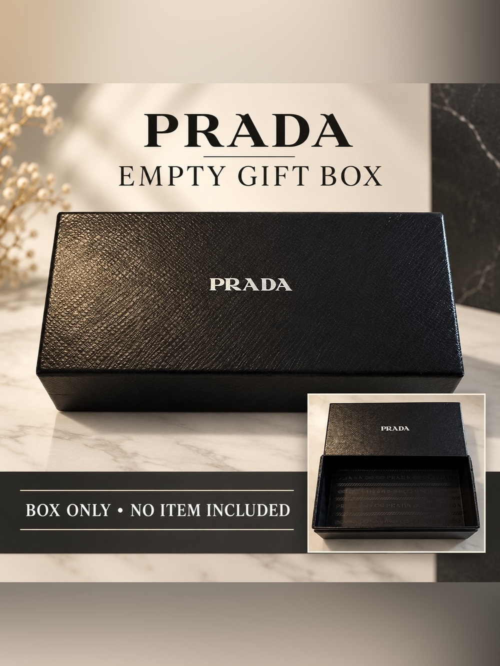 Prada Black Textured Empty Gift Box With Silver Logo — Box Only 📦